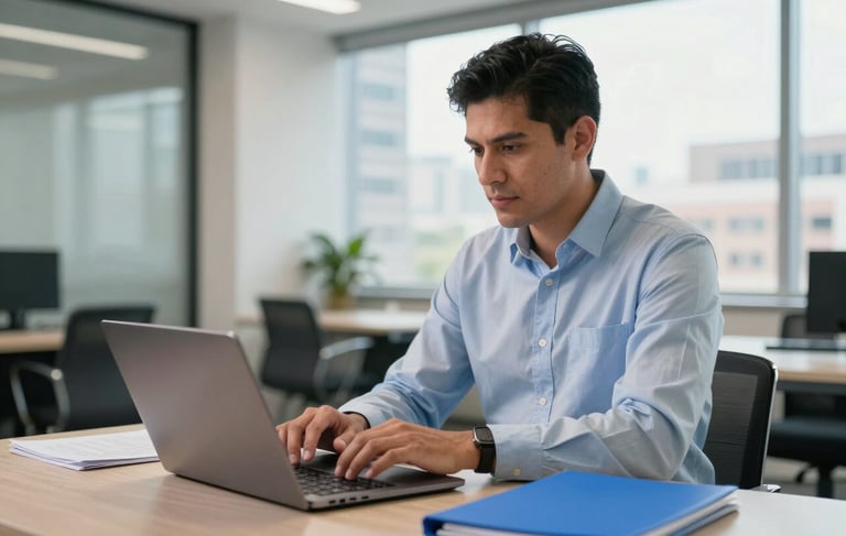 A Hispanic / Spanish-speaking legal professional in a bright, modern office in a major city. The individual is using a laptop with a focused and efficient expression. The setting features clean architectural lines, furniture in dark gray tones, and a bright blue folder on the desk. Soft natural lighting through large windows, professional photography style.