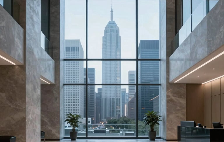 A sharp, professional photograph of a high-end corporate office lobby in a global financial district. The interior features minimalist architecture with polished stone and glass, bathed in soft blue and pale gray light. A large floor-to-ceiling window in the background shows a blurred, sophisticated international city skyline. International / Global.