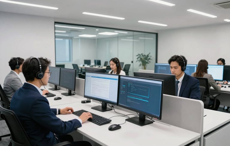 A wide photography shot of a modern, high-tech tele-attendance corporate office in a South American / Brazilian urban district. The scene shows professional workstations with dual monitors and ergonomic headsets under clean, cool-white lighting with navy blue accents. A glass-walled meeting room is visible in the background, conveying efficiency and advanced technology.