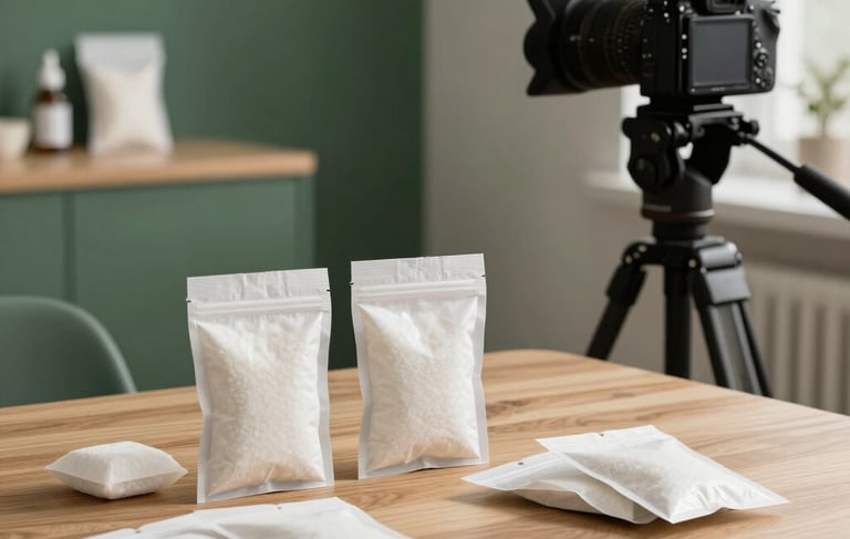 Professional photography from a Portuguese-speaking European agency studio. A high-end Scandinavian-style interior with light wood surfaces. Behind the scenes view of content planning for silica gel products, showing a high-quality camera on a tripod focusing on clean white desiccant packets arranged elegantly on a table. Matte forest green accents and warm lighting.