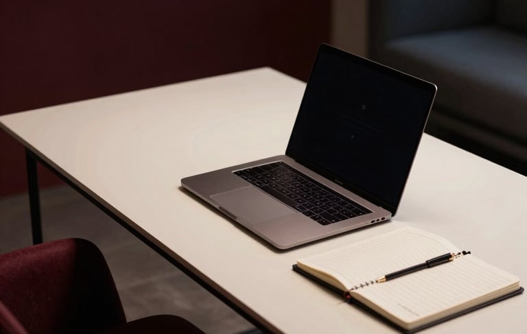 A high-end, professional workspace in a Southern European urban setting, featuring a minimalist desk with a sleek laptop and notebooks. The scene is captured in low-key lighting with deep shadows and warm cream highlights. Accents of burgundy and dark blue-grey appear in the decor, creating a sophisticated and strategic consulting atmosphere.