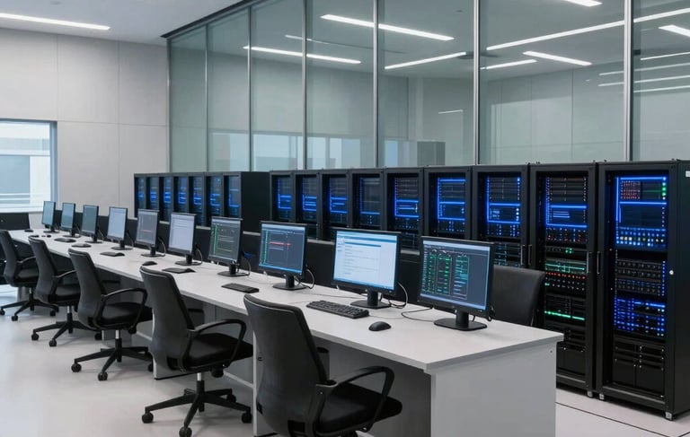 A wide-angle professional photograph of a modern, high-tech security operations center in a North American corporate building. The room features large glass panels reflecting soft light gray and dark blue hues from server indicators. The lighting is cool and sophisticated, using a palette of white, light gray, and deep navy blue to convey innovation and security.