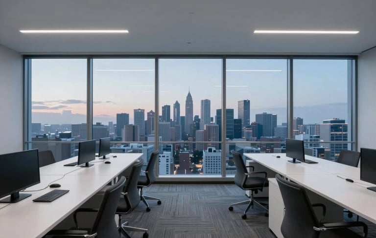 A wide-angle, minimalist photograph of a sleek, high-end North American creative agency office with floor-to-ceiling windows showing a soft city skyline at dusk. The interior features white desks, charcoal grey chairs, and a professional, calm atmosphere with cool blue ambient lighting.
