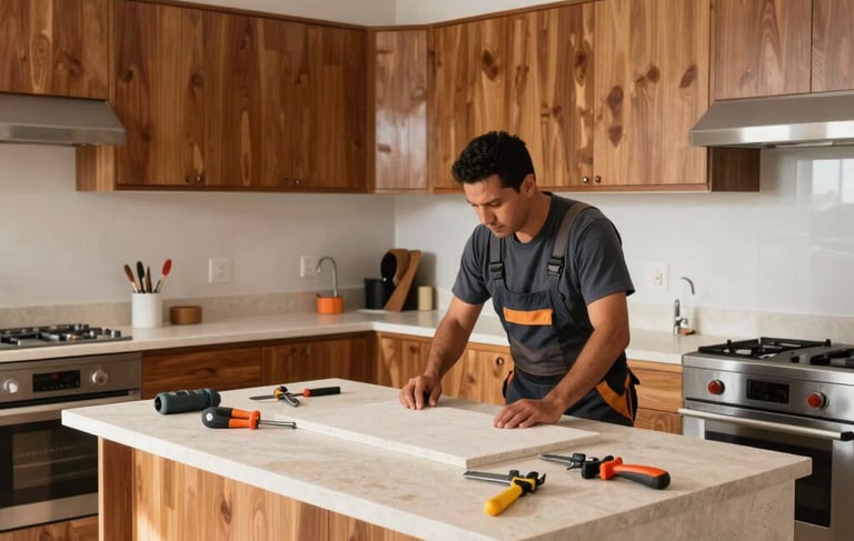 A wide-angle photography shot of a modern and clean kitchen renovation in progress within a Latinoamericano / Hispano home. A professional handyman in clean work attire is inspecting a newly installed stone countertop. The lighting is bright and natural, reflecting off high-quality wooden cabinets. The scene includes professional tools organized on a pale beige surface, with sandy orange accents in the decor.