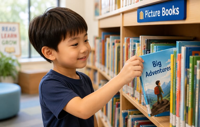 A child picking out a book to read at the library.