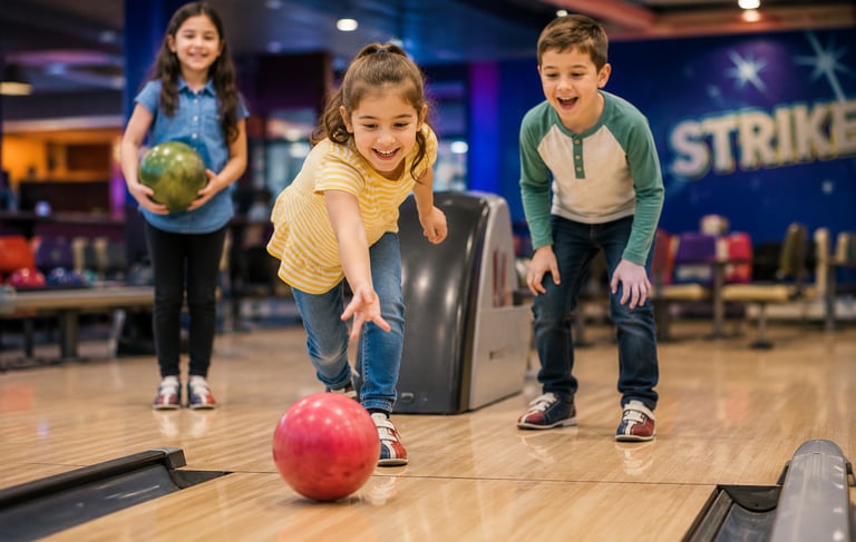 Children bowling together at a family-friendly bowling center during a summer kids bowling program.