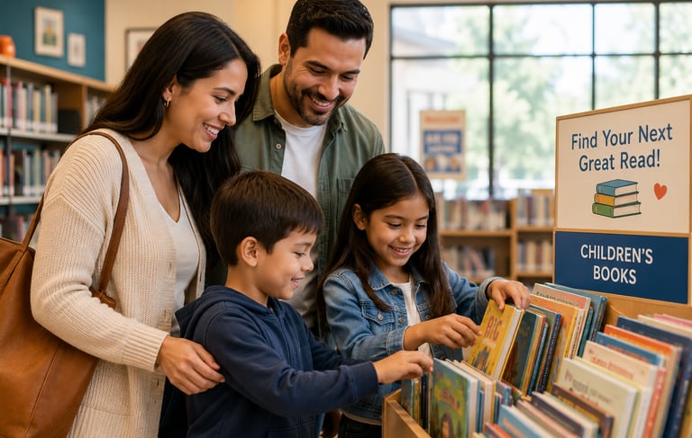 A family picking books out at the bookstore.