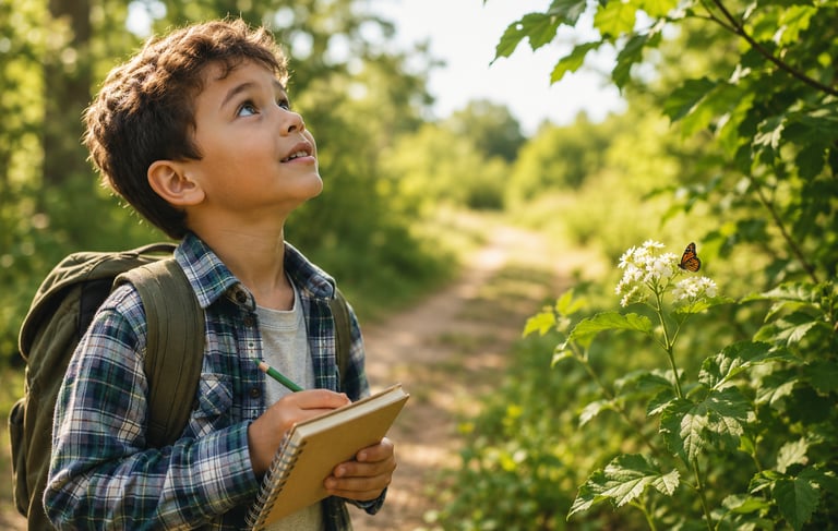 A boy taking notes in his journal while on a hike.