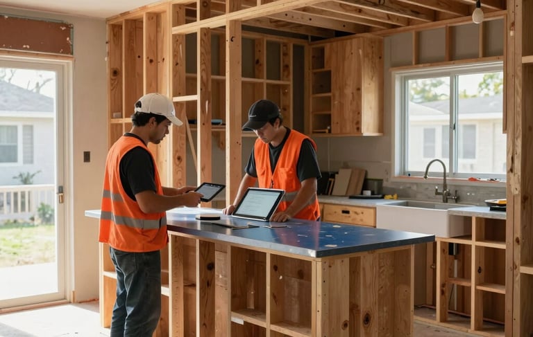 A wide-angle interior photograph of a kitchen mid-renovation in a North American / US (Los Angeles) home. Exposed wooden studs and open cabinetry reveal the transformation process. A professional contractor in a construction orange vest stands near a steel blue countertop sample, reviewing a digital tablet. Natural daylight streams through a window, highlighting the gritty but organized rebuilding atmosphere.