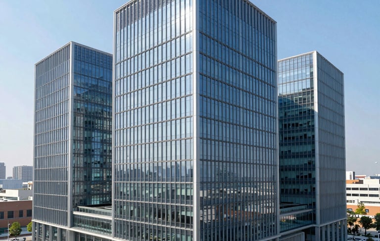 A high-angle architectural photograph of a modern glass-and-steel innovation center in a North American tech district. The setting is bright and professional, with a clear blue sky reflecting in the windows. The composition uses clean lines and perspective to convey reliability and growth, featuring a color palette of slate blue and light silver.
