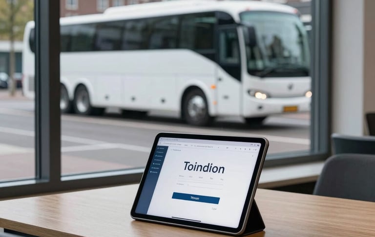 A professional and clean office interior in a Dutch city. A wooden desk holds a tablet showing a login screen for a transport management app. Through a large window, a modern white coach bus is parked on a clean street. Soft daylight, professional atmosphere, featuring steel blue and slate gray accents.