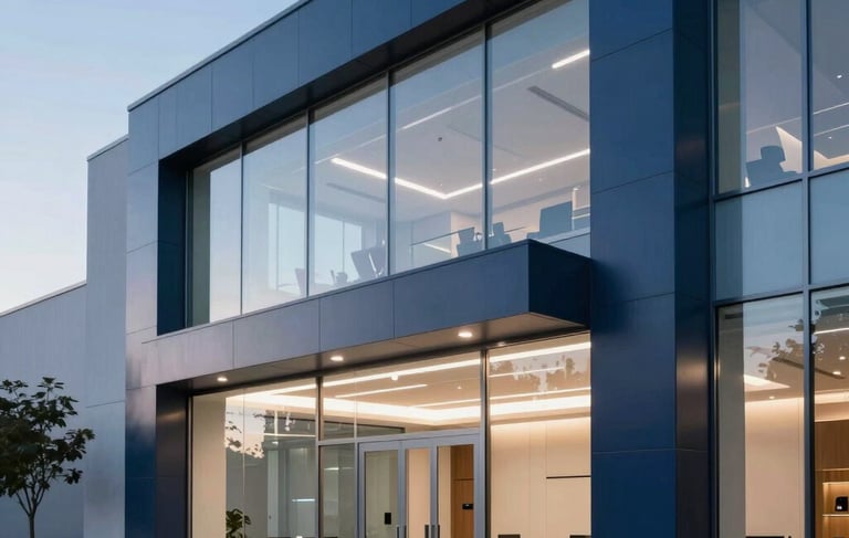 Professional North American / US commercial real estate office lobby. The scene conveys modern professionalism and efficiency with clean architectural lines, glass partitions, and a sophisticated atmosphere. Lighting is bright and airy with deep navy blue and soft sky blue color accents. High-quality photography, sharp focus.