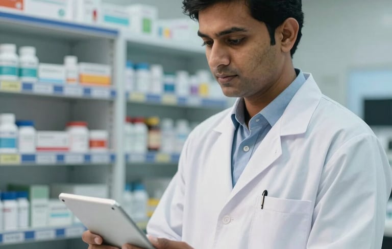A professional South Asian pharmacist in a white coat stands in a clean, modern pharmaceutical facility in India, holding a tablet for inventory management. The setting is bright and clinical, with shelves of medical supplies in a soft blurred background, featuring a professional palette of medium blue and off-white.