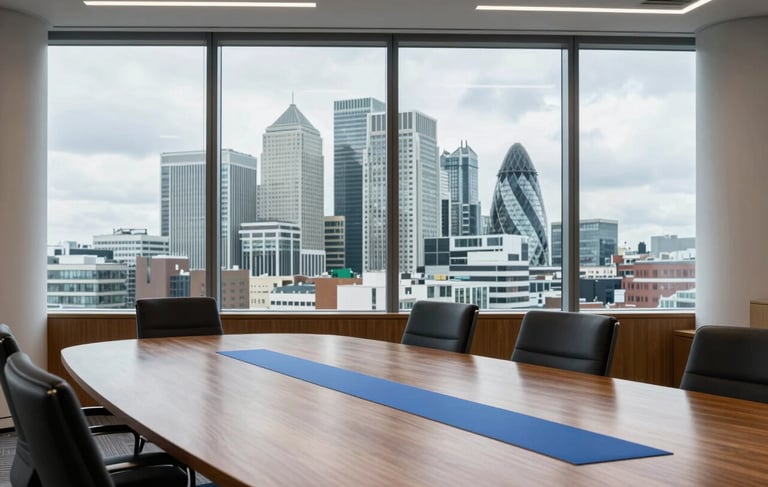 A sophisticated, bright office interior in Canary Wharf, London, featuring floor-to-ceiling windows with a view of the financial district. A professional meeting table is in the foreground with polished wood and slate blue accents. The lighting is calm and professional. Northern European / British.