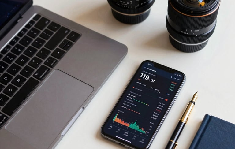 A top-down professional photograph of a high-end Northern European workspace. A sleek laptop, a modern smartphone showing financial metrics, and a gold-nibbed pen rest on a polished off-white surface. Deep navy accents in the accessories reflect a sophisticated and premium financial services aesthetic.