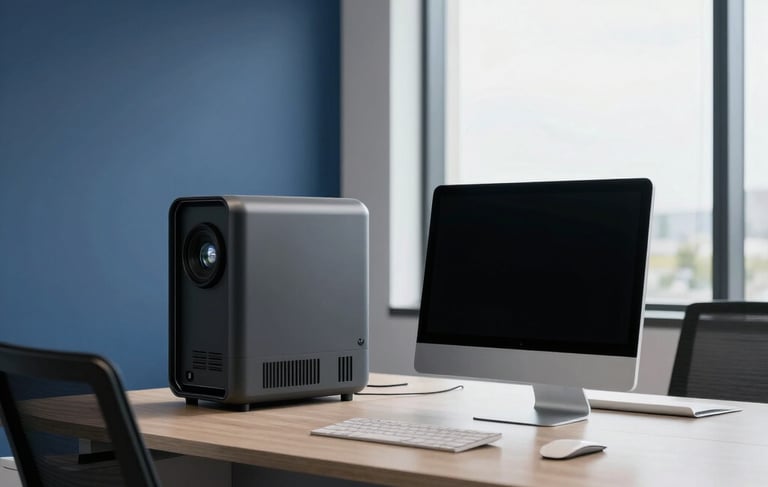 Clean and modern Latin American office space with high-end tech equipment on a desk, soft daylight coming through window, decorated in Navy Blue and Lead Gray tones, professional corporate photography.