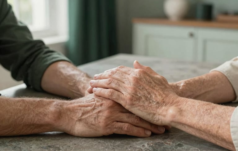 A professional photography shot in a North American home of two hands, one younger and one elderly, resting compassionately together on a warm gray stone tabletop. Soft morning light creates a reassuring atmosphere. The background shows hints of a clean, modern living room with deep forest green decor and light sage green walls.