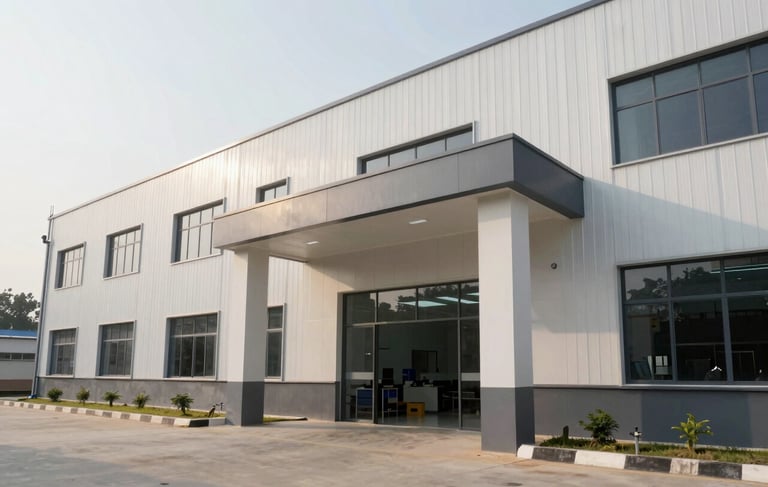 A professional architectural photograph of the entrance to a modern industrial manufacturing unit in Ashulia, Savar. The building shows clean lines in white and slate grey, reflecting a business-focused and high-standard factory environment. Bright morning light illuminates the facility, showcasing a clean, South Asian international workspace.