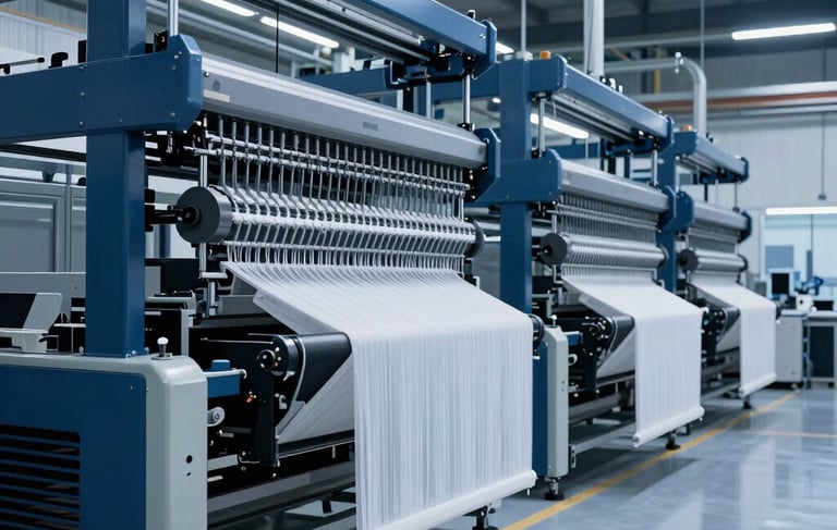 A high-end professional photograph of a modern industrial textile manufacturing facility in Santa Catarina, Brazil. The scene shows high-tech automated hanger systems moving garments through a bright, clean factory floor. The lighting is crisp with deep blue and black tones, highlighting the metallic surfaces of the machinery. Minimalist and corporate industrial aesthetic, premium quality.