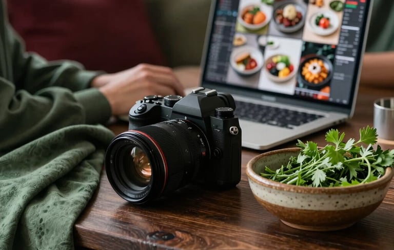 A warm, natural light North American / US studio setting. On a dark wooden table lies a modern camera, a lens, and a rustic ceramic bowl filled with fresh green herbs. In the background, a person is partially visible, focused on a laptop screen that shows a grid of high-quality food photography. The scene incorporates soft Matte Forest Green textiles and subtle Deep Crimson accents, creating a professional yet cozy artisanal atmosphere.
