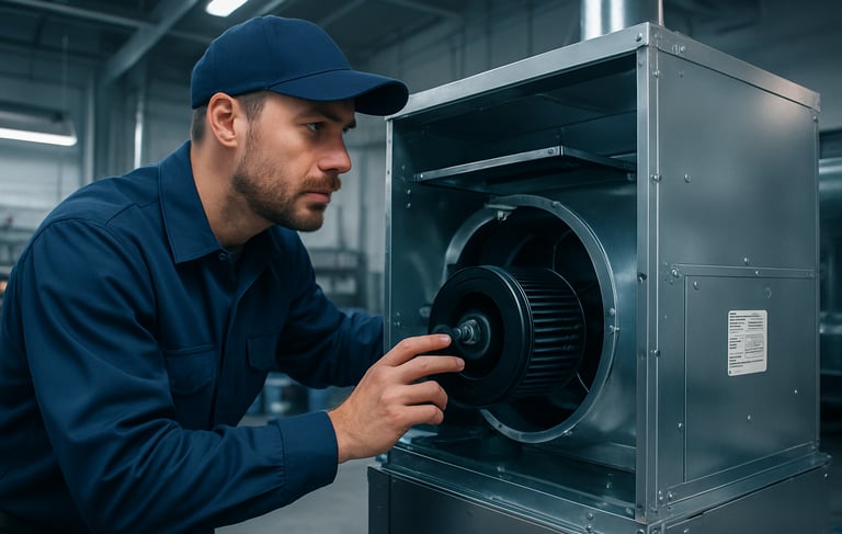 Clean, technical photography of a professional HVAC technician in a North American / US workshop inspecting a high-efficiency air handler. The lighting is bright and industrial, emphasizing silver metal surfaces and precise engineering components. The aesthetic is modern and authoritative with a cool blue and silver palette.