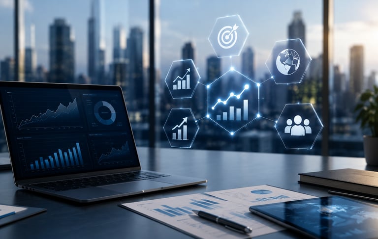 Digital marketing data analytics on a laptop screen with glowing business growth icons over a city skyline background.