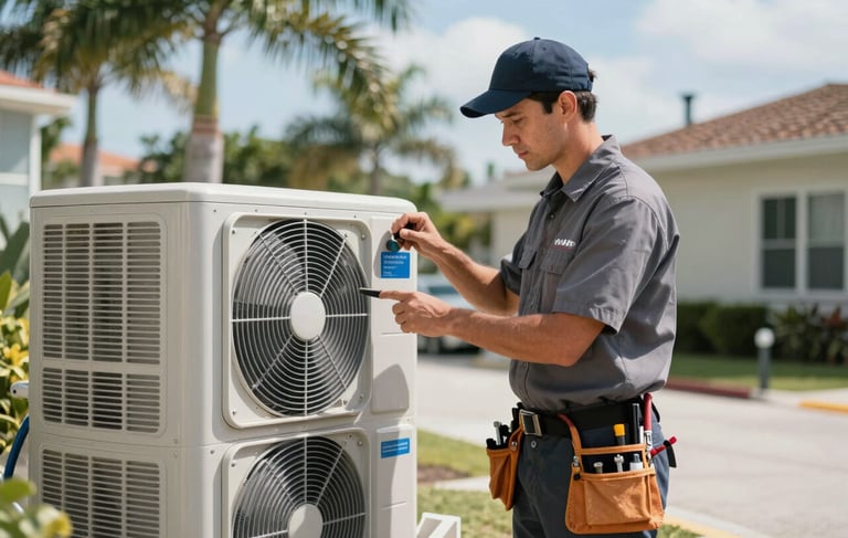 A professional HVAC technician in a clean uniform and tool belt inspecting a modern outdoor AC unit in a Miami residential setting. Bright daylight, palm trees in the soft-focus background, professional lighting, reflecting sky blue and cool gray tones of the brand.
