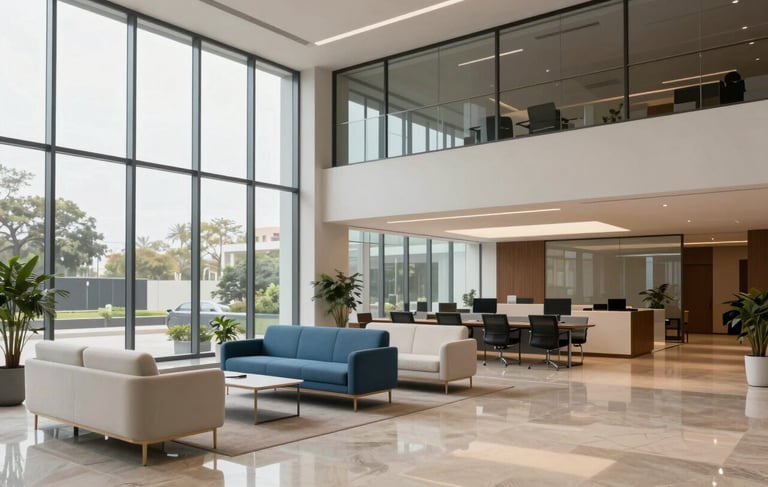 A professional architectural photograph of a modern tech office lobby in Ahmedabad, India. The space features large glass windows, minimalist furniture in off-white and medium blue tones, and polished stone floors. Soft daylight creates a bright, welcoming environment that projects reliability and efficiency. South Asian / Indian urban setting.