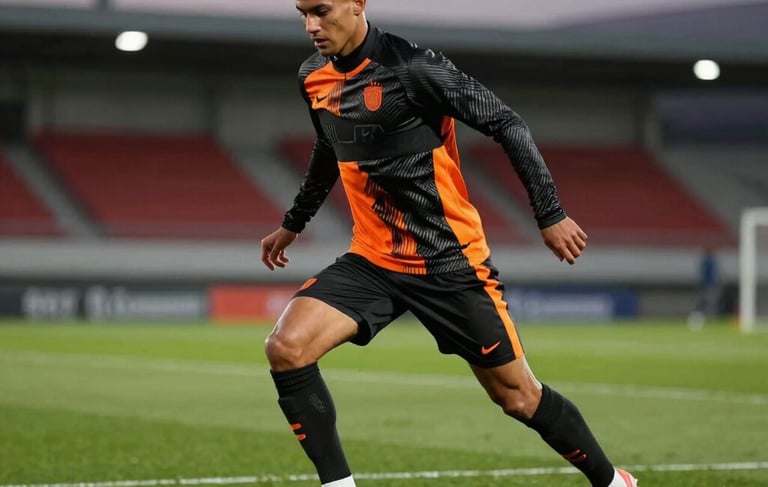 A dynamic action shot of a professional athlete training on a lush performance green soccer field at dusk. The athlete wears high-performance gear in carbon black and energy orange. Stadium lights create a professional, cinematic atmosphere. Global / Spanish-speaking context.