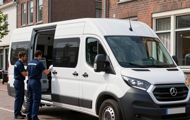 A side view of a modern, clean white moving van with dark navy blue accents, parked on a cobblestone street in a Northern European / Dutch neighborhood. The lighting is bright and professional, highlighting the efficiency and reliability of the service. Two professional movers in dark navy blue uniforms are standing near the open rear of the van, ensuring the scene looks clean and organized.