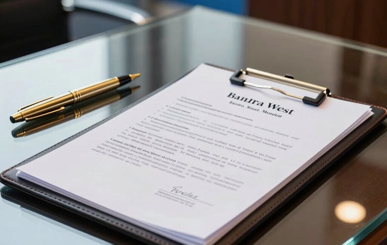 A close-up photograph of a luxury office interior in Bandra West, Mumbai, South Asian / Indian setting. A high-end glass table holds a gold-plated pen and a leather folder containing professional legal documents. The lighting is bright and modern with soft royal blue accents in the background, conveying a formal, trustworthy, and premium business environment.