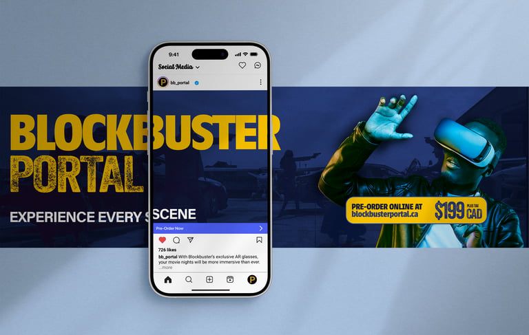 instagram campaign mockup man with ar glasses on right call to action to preorder below his face