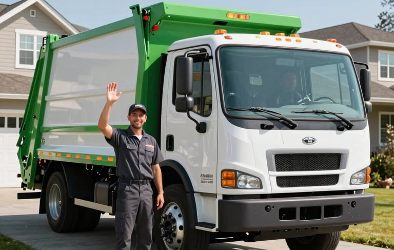 A clean, modern junk removal truck parked on a residential driveway in Spokane Valley, North American / US. A friendly team member in a dark grey uniform is waving to the camera. Bright, sunny lighting, sharp focus, professional photography style with green accents on the truck.