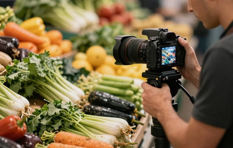 A professional, warm-toned close-up of a North American / US artisanal market vendor arranging organic vegetables. In the foreground, a professional camera on a tripod is being used by a creative director to capture a shot of the vibrant produce. The lighting is soft and natural, emphasizing the gold and forest green colors of the market, with a sophisticated, professional atmosphere.