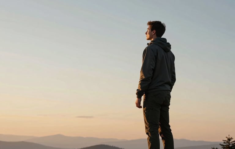 A clean, modern photography of a person standing on a scenic overlook in the North American Blue Ridge Mountains at dawn. The lighting is soft and warm, with gold and cream hues from the rising sun against a muted blue sky. The person looks towards the horizon with a sense of quiet confidence and hope. Simple and inspiring composition.