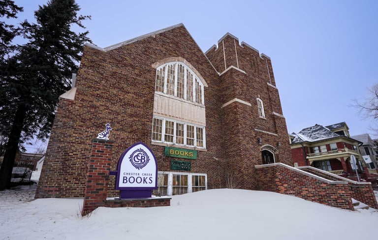 Historic church that has been converted to Chester Creek Books; a used bookstore located in Duluth