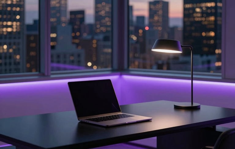 A high-end, minimalist workspace in a North American metropolitan office at twilight. A sleek black desk holds a modern laptop and a single architectural lamp. Soft light purple ambient lighting illuminates the edges of the dark furniture. Large windows show a city skyline with glowing lights. Professional photography, sharp focus, sophisticated atmosphere.
