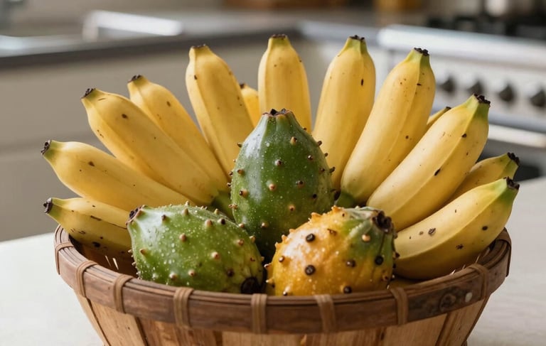 A professional close-up photograph of a rustic wooden basket filled with fresh native Brazilian fruits including organic bananas, pitanga, and jabuticaba. Set on a clean kitchen counter in a South American / Brazilian home, bright natural morning light, pale green and golden yellow highlights.