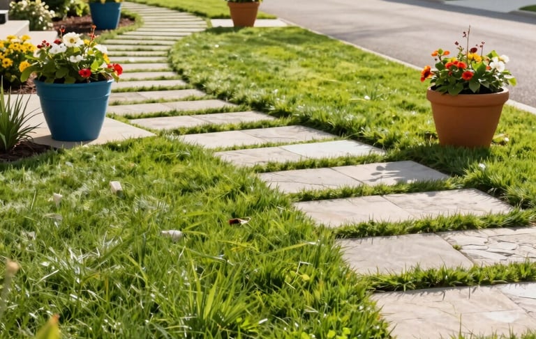 A professional photography shot of a perfectly manicured lawn in a North American suburb. The image features clean pathway installation with light stone, vibrant green grass, and colorful flower pots. The lighting is bright morning sun, highlighting the efficient and modern aesthetic of high-end landscaping services.