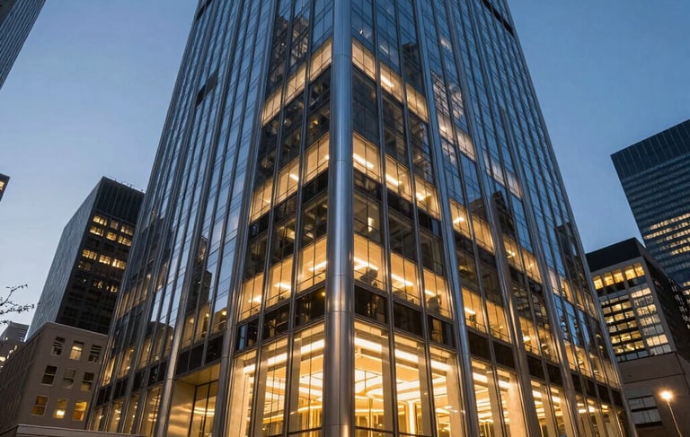 A sophisticated wide-angle photograph of a modern high-rise office interior in New York at blue hour. The space features floor-to-ceiling windows, polished steel blue surfaces, and warm gold ambient lighting. The atmosphere is one of professional authority and international business excellence.