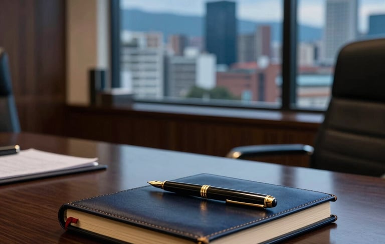 Professional photography of an upscale law office interior in a South American city. A polished dark wood desk holds a leather-bound notebook and a gold fountain pen. In the background, a large window reveals a blurred urban skyline of Bogota at dusk. The lighting is sophisticated and warm, featuring a palette of dark navy, steel blue, and Alice blue accents.
