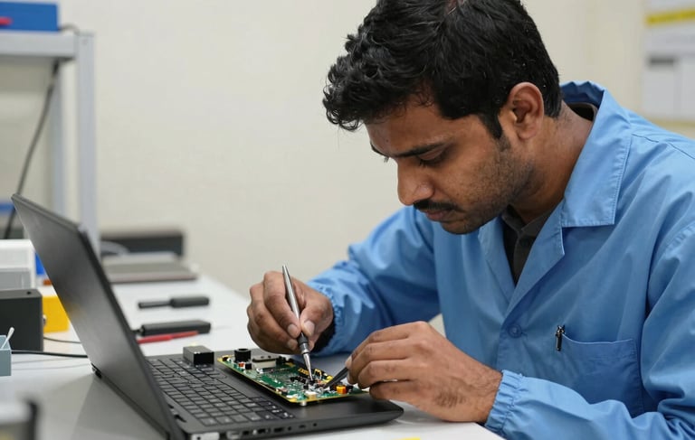 A close-up photograph of a professional South Asian / Indian technician wearing a clean blue lab coat, meticulously repairing a modern laptop circuit board with precision tools. The setting is a bright, modern repair workshop in Thane with off-white walls and organized technical equipment. Natural daylight creates a clean and efficient atmosphere.
