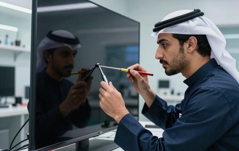 Professional Middle Eastern / Gulf technician in a clean, modern workshop in Al Nahda, Dubai, carefully inspecting a high-end OLED television screen with specialized tools. Bright technical lighting, focused composition, steel blue and light gray workshop environment.