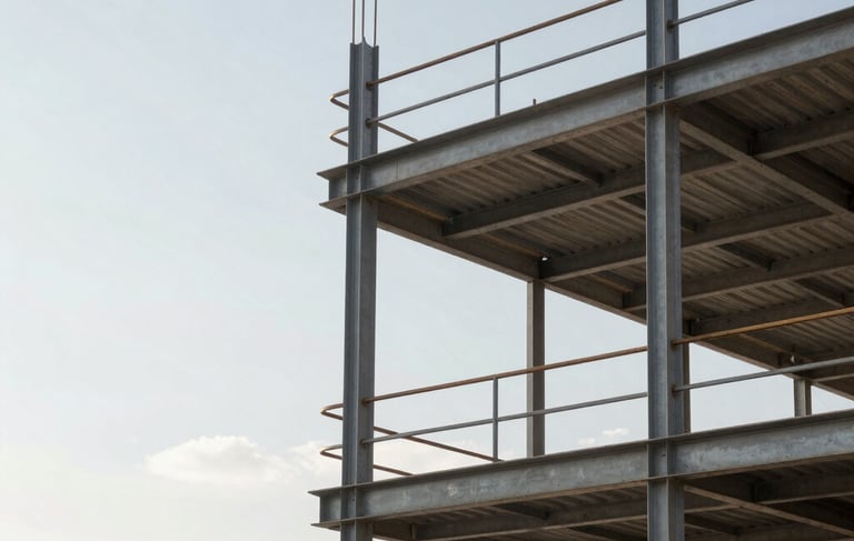 Professional architectural photography of a modern construction site in Guadalajara, Mexico. The shot features a clean, structural steel assembly against a bright sky, symbolizing technical precision and safety. The composition is minimalist and technical, reflecting a corporate engineering firm's efficiency.