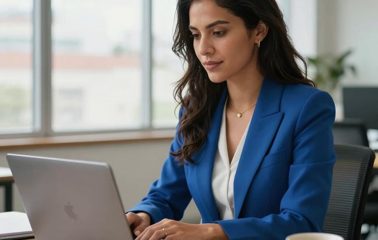 A successful South American / Hispanic woman in professional medium blue business attire working on a sleek laptop in a bright, modern office space. There is a warm amber notebook and a clean coffee mug on the desk. Large windows in the background let in soft natural light, highlighting a clean and motivating workspace.