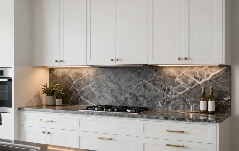 A high-end, professional architectural photograph of a modern residential kitchen in a North American / US home. The scene showcases cloud white cabinetry with bronze handles, charcoal grey marble countertops, and warm recessed lighting. The composition is clean and minimalist, highlighting the precision of the renovation craftsmanship.