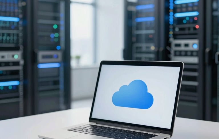 A clean, professional North American office setting featuring a high-resolution laptop on a white desk. The background is a soft-focus view of a modern data center with light blue and steel gray cooling lights, conveying a secure and trustworthy cloud technology atmosphere. Sunlight from a large window illuminates the scene, creating a forward-thinking and efficient mood.