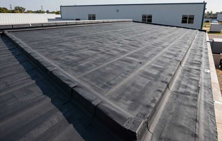 A high-angle professional architectural photograph of a perfectly installed dark charcoal gray EPDM rubber roof on a clean, modern commercial building in New Jersey. The sky is clear, casting sharp daylight that highlights the technical precision of the waterproof seams. North American / US construction setting, showing durability and industrial quality.