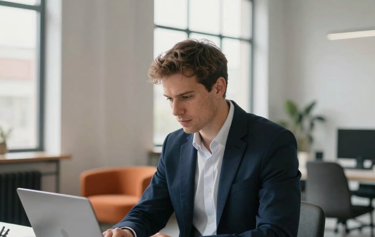 A focused solo entrepreneur in a sharp navy blazer working in a bright, modern European loft office. He is managing a recruitment workflow on a sleek laptop and a smartphone. The background features minimalist furniture, a hint of orange decor, and large industrial windows with soft daylight. Professional photography, clean lines, high contrast.