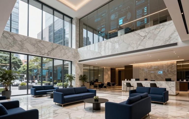 A high-end architectural photograph of a modern tech lobby in Mexico City. The space is filled with Off-white marble and Dark Blue furniture accents. Large glass panels show subtle Light Blue data visualizations. South American / Mexican corporate environment with natural daylight and a sophisticated, innovative atmosphere.